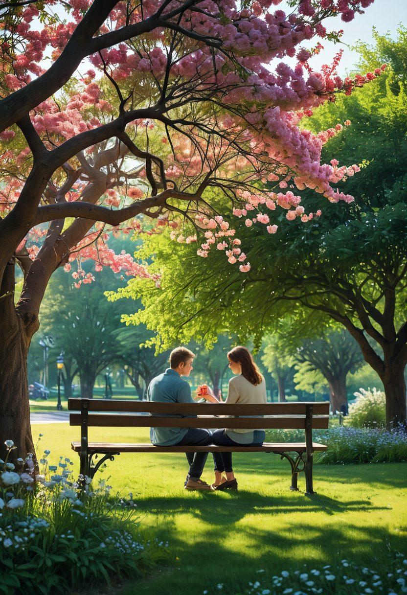 A serene landscape depicting two figures sitting on a park bench, deep in conversation, surrounded by blossoming flowers symbolizing intimacy and trust. Soft sunlight filtering through the trees, creating a warm and inviting atmosphere. Include a heart shape subtly formed by the branches above. super-realistic. vibrant colors. soft focus.