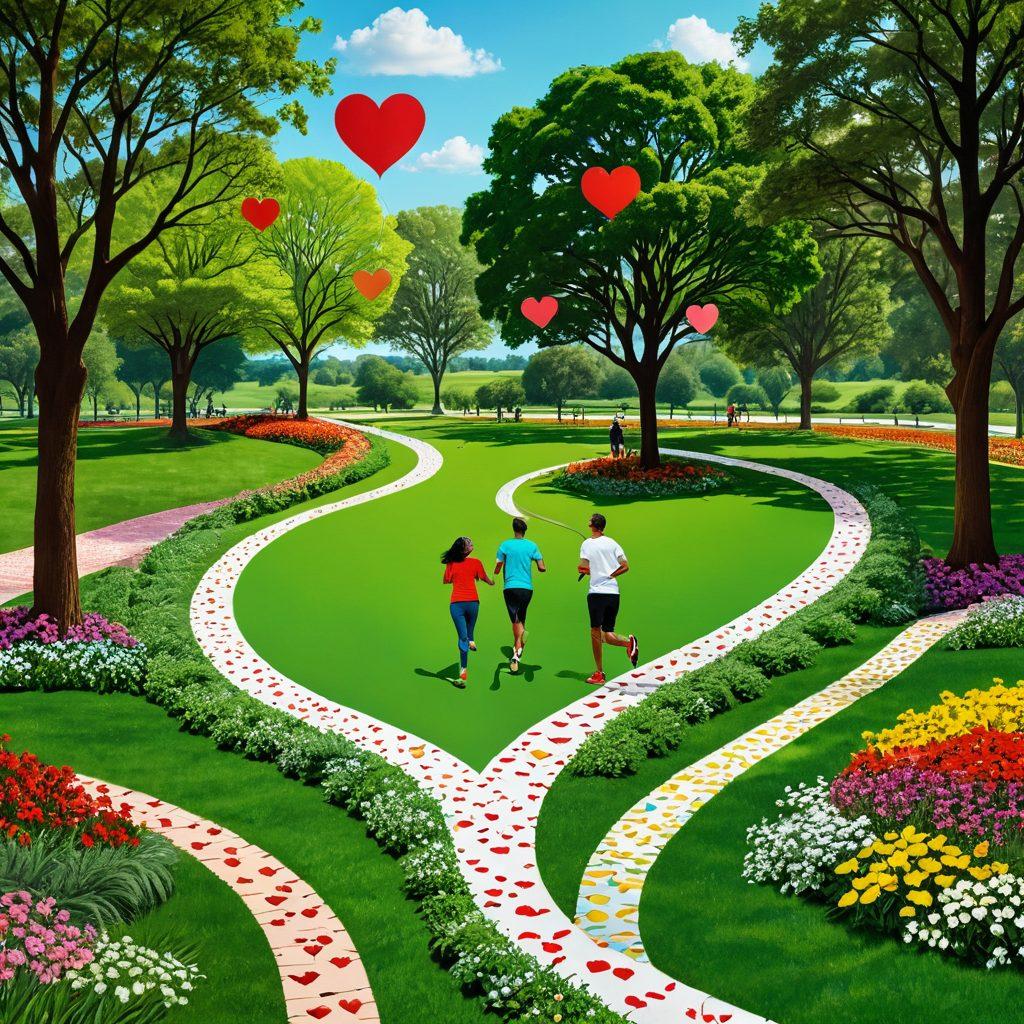 A vibrant collage featuring a heart-shaped track winding through a lush park, with diverse couples engaging in activities like jogging, picnicking, and sharing smiles. Include symbols of love such as hearts and connection, merging with elements representing heartfelt communication like speech bubbles. The background should be sunny and cheerful, depicting a sense of joy and connection. super-realistic. vibrant colors. 3D.