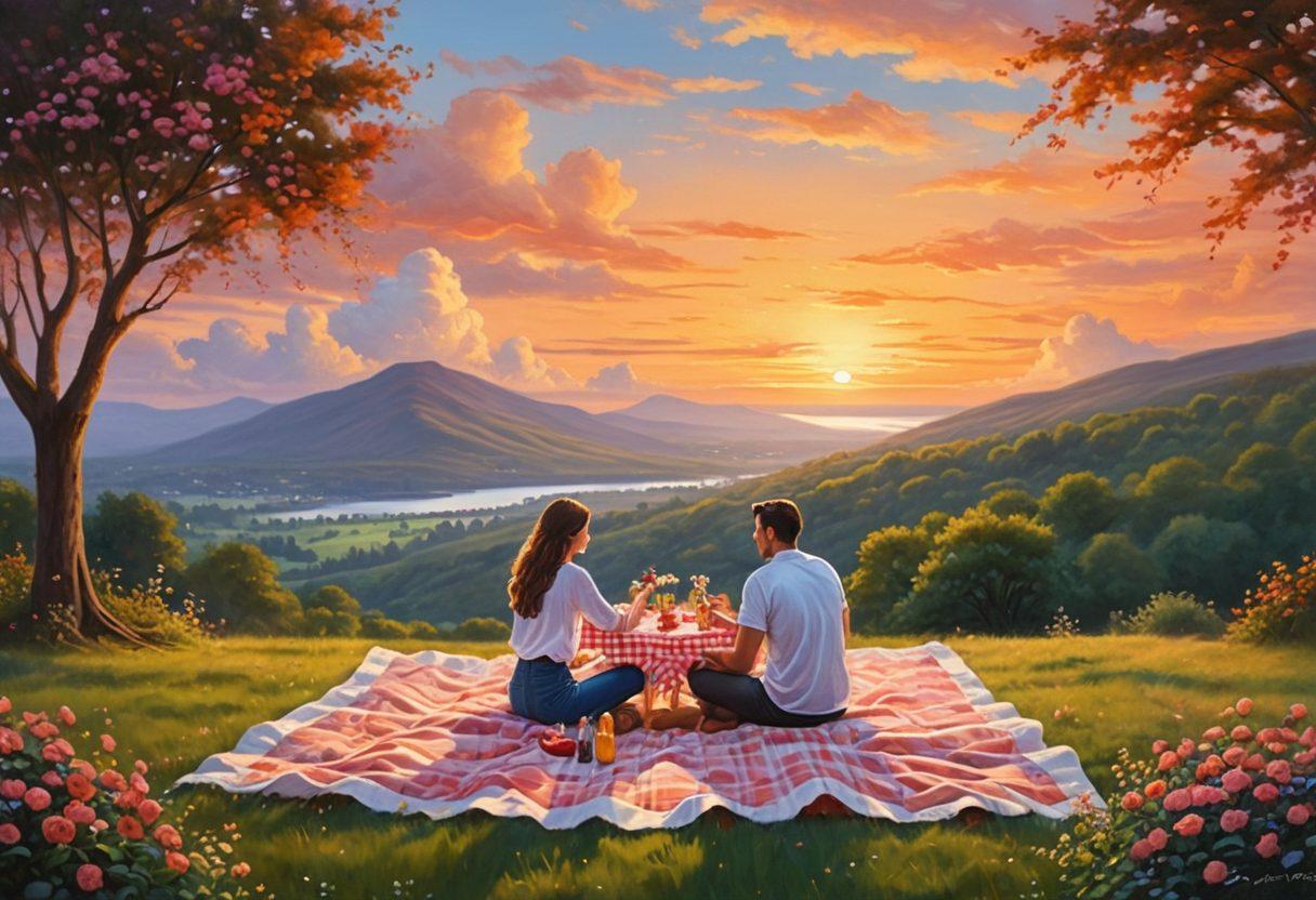 A romantic sunset setting with a couple sitting on a picnic blanket, sharing a meal, surrounded by beautiful flora symbolizing growth and connection. Soft glowing fairy lights above them create a warm ambiance, with heart-shaped clouds in the sky. The scene radiates love and companionship, inviting viewers to reflect on lasting relationships. painting. warm colors. soft focus.